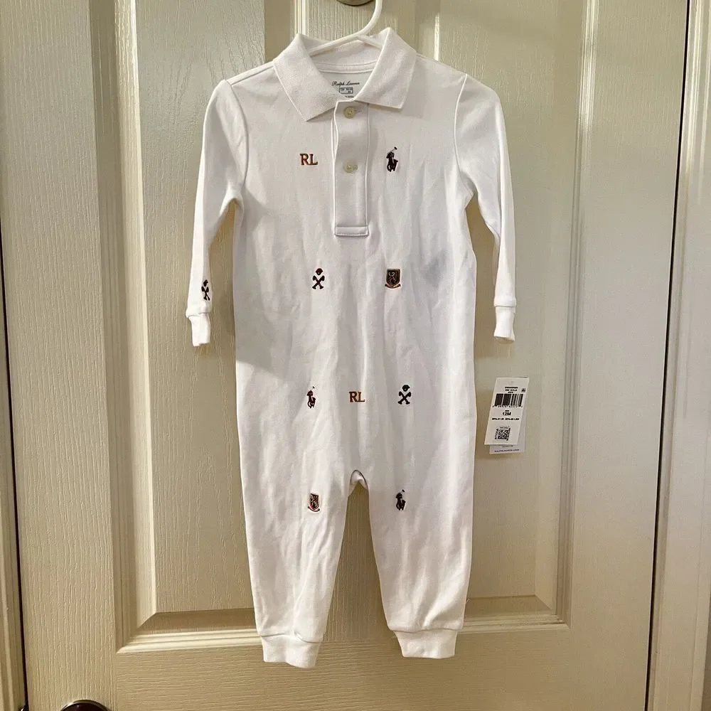 Ralph Lauren White Embroidered Schiffli Coverall Romper Boys Size 12 Months NWT